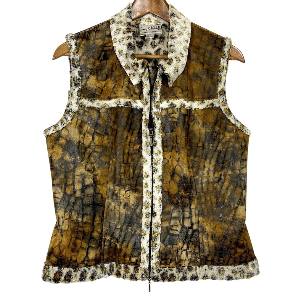 Joseph Ribkoff‎ Sz Large 10 Faux Fur Vest Animal Print Luxe Glam Mob Wife Preppy